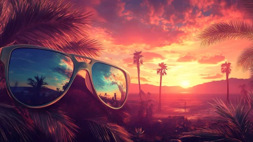 Digital painting of reflective sunglasses in neon sunset tropics.