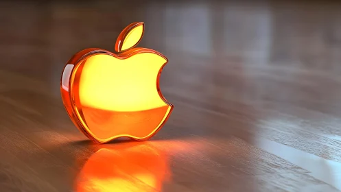 Shiny Orange Glass Apple Logo on Reflective Wooden Floor.