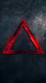 Glowing red triangular symbol on dark textured background.