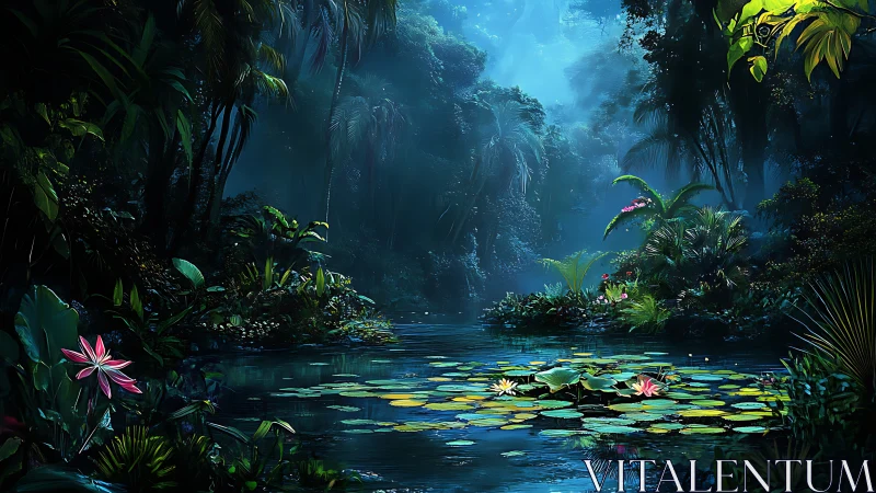Mystic blue rainforest lagoon with luminous lily pads at dusk.