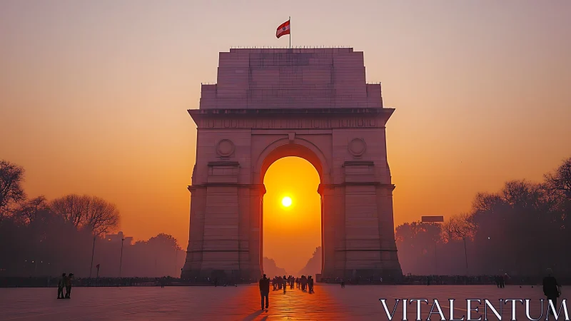 Sun-aligned war memorial arch in atmospheric urban haze.
