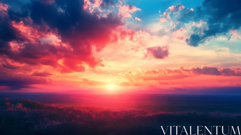 Vibrant horizon sunset over coastal grasslands with radiant clouds