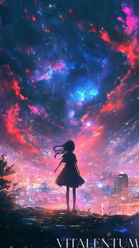 Silhouetted girl under neon cosmic sky above glowing city.