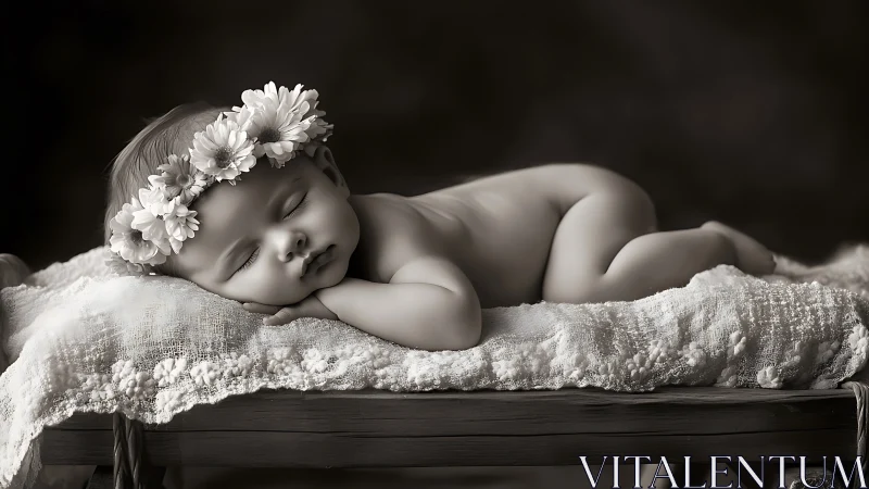 Monochromatic 3D rendered newborn depicted in repose with floral crown headdress