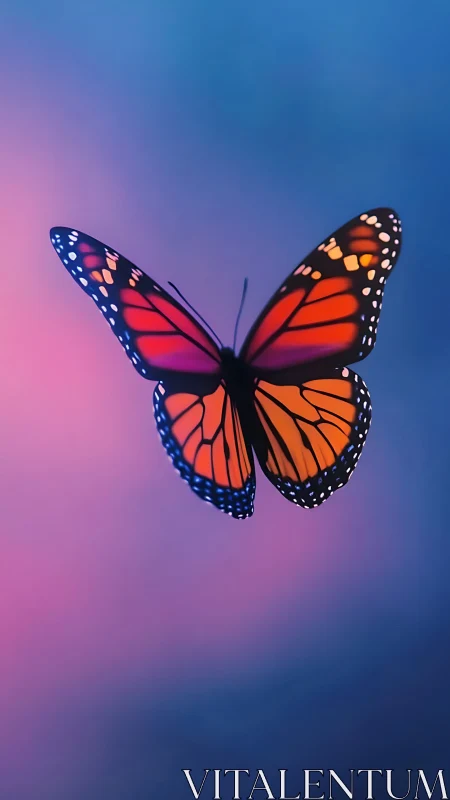 Monarch butterfly glows against dreamy pink and blue sky.