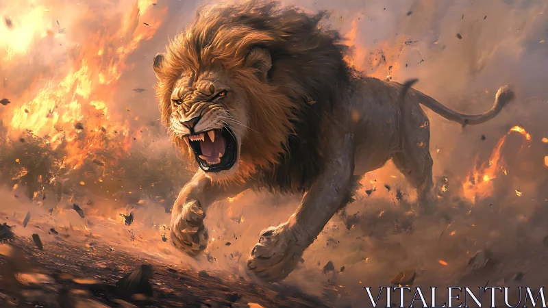 Roaring lion charges through blazing inferno with primal fury