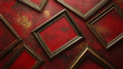 Empty wooden frames on red textured wall surface.