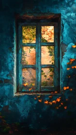 Weathered teal window frames glowing autumn garden view.