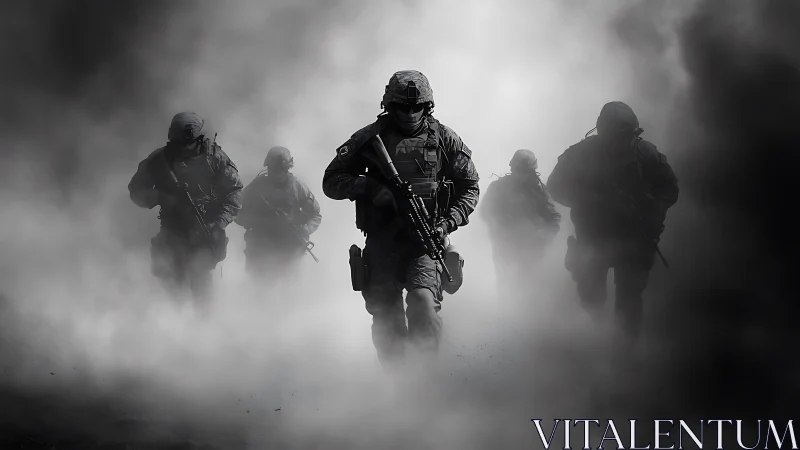 Tactical infantry squad advances through dense battlefield smoke layer