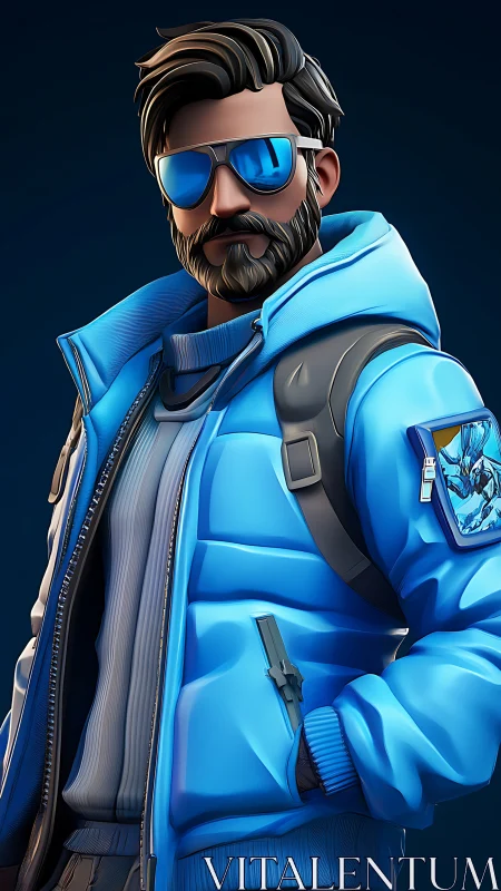 Stylized 3D explorer in blue winter jacket portrait.
