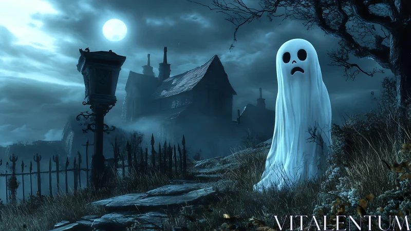 Sad cartoon ghost stands before moonlit haunted house