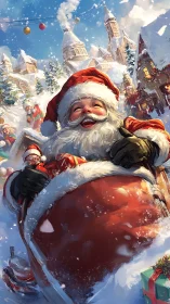 Jolly Santa rides through snowy village with overflowing gifts