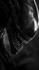 Xenomorph creature lunges forward in stark monochrome light.