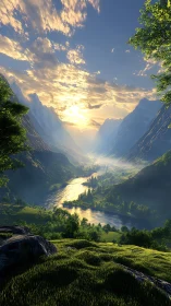 Sunlit river carves a dreamlit path through emerald valleys.