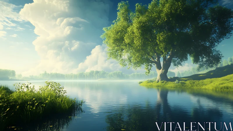 Sunlit lakeside tree dreaming under towering clouds.