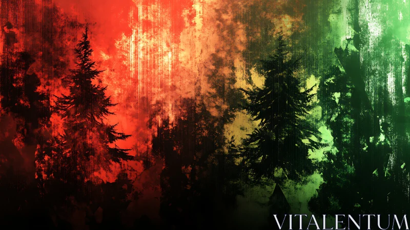 Silhouetted conifer trees over red to green textured field.