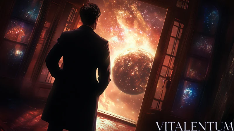 Man in silhouette contemplates a glowing cosmic portal.