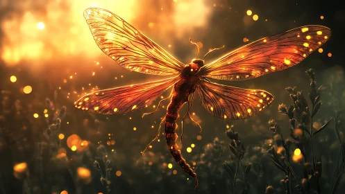 Firelit dragonfly drifting through a golden twilight meadow.