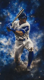 Baseball batter in mid-swing set against cosmic blue backdrop