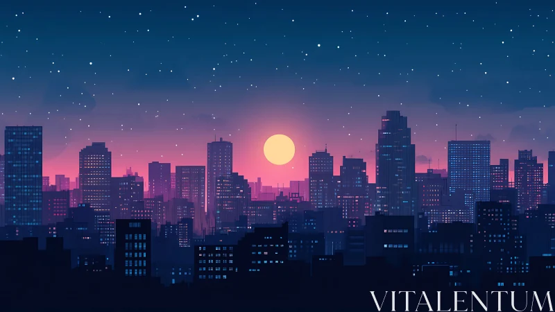 Neon dusk hushes the city while coded starlight flickers on