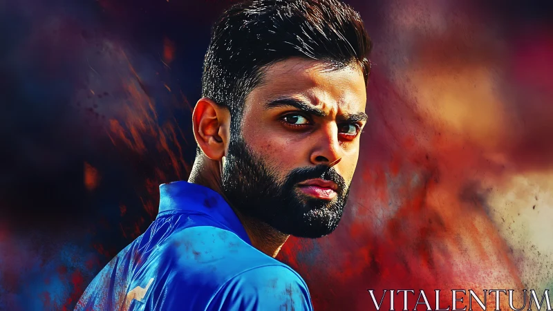 Intense cricketer portrait against fiery color storm.