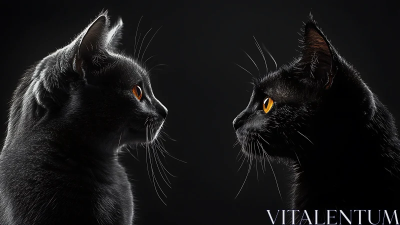 Two Black Cats with Golden Eyes Meet in Darkness