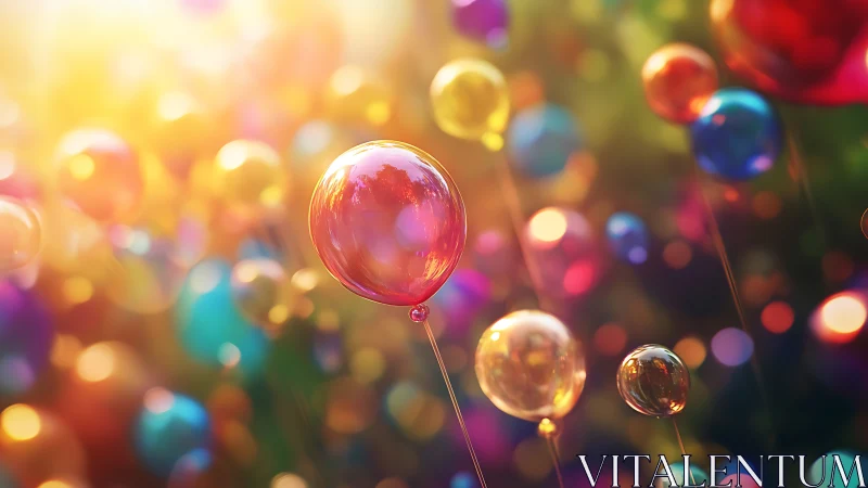 Sunlit party balloons drift through a dreamy bokeh haze
