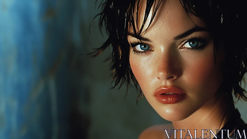 Moody blue gaze and wet hair in soft cinematic light.