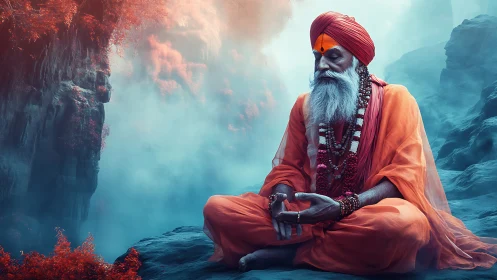 Mystic sage in ember robes meditating through mountain mist.