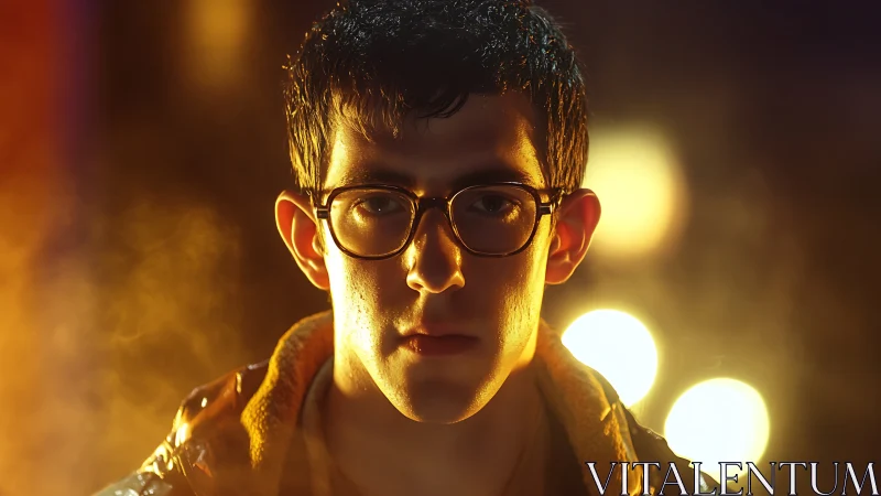 Thoughtful night portrait glowing with warm city lights.