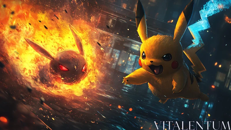 Electric hero clashes with blazing shadow in neon storm.