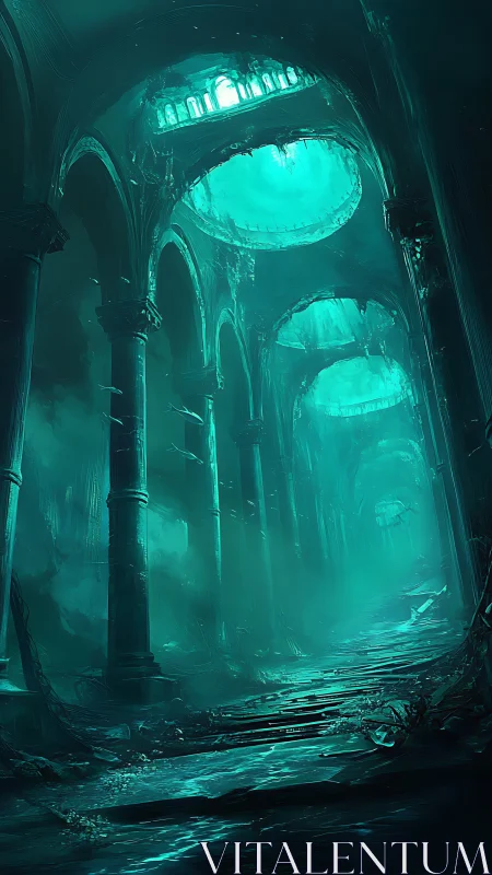 Mystic turquoise cathedral hallway glows with eerie light