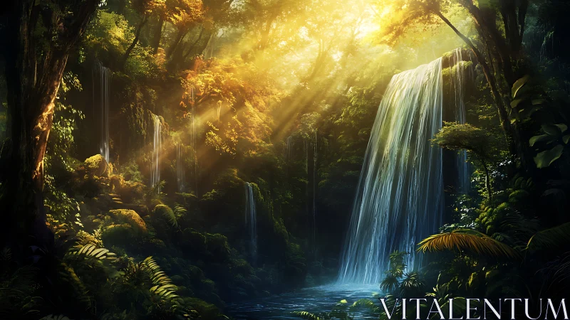 Enchanted Forest Waterfall: Golden Sunlight Through Ancient Trees.