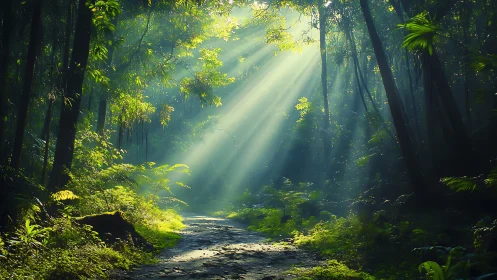 Enchanted Forest Path Bathed in Golden Sunlight