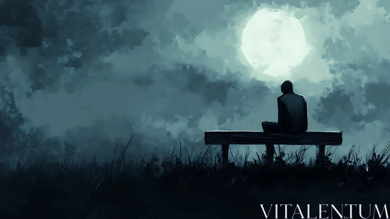 Solitary figure on bench under full moon at night sky.