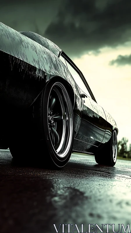 Muscle car silhouette on wet asphalt under storm sky.