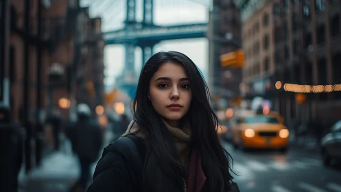 Young woman in winter coat against blurred city bridge backdrop.
