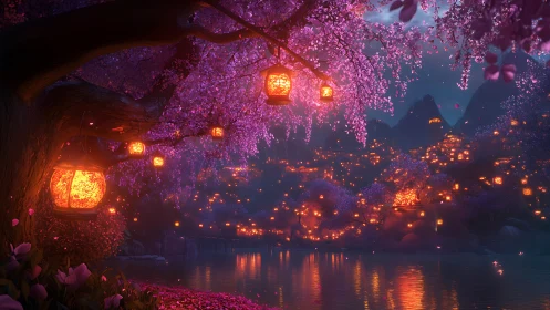 Lantern-lit blossom shore dreaming over twilight waters.