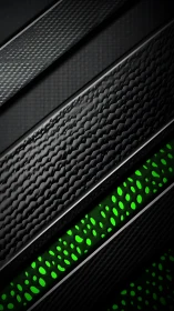 Diagonal black metal strips with green perforated accent.