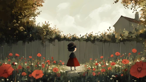 Child in red skirt among garden poppies at dusk.