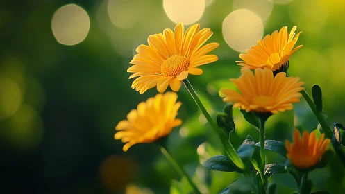 Golden Gerbera Daisies in Soft Green Garden Light.