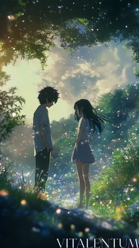 Starlit confession beneath a glowing forest clearing.