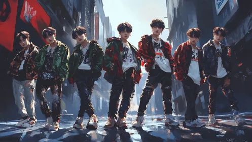 Streetwear dance crew amid neon-lit urban canyon night.