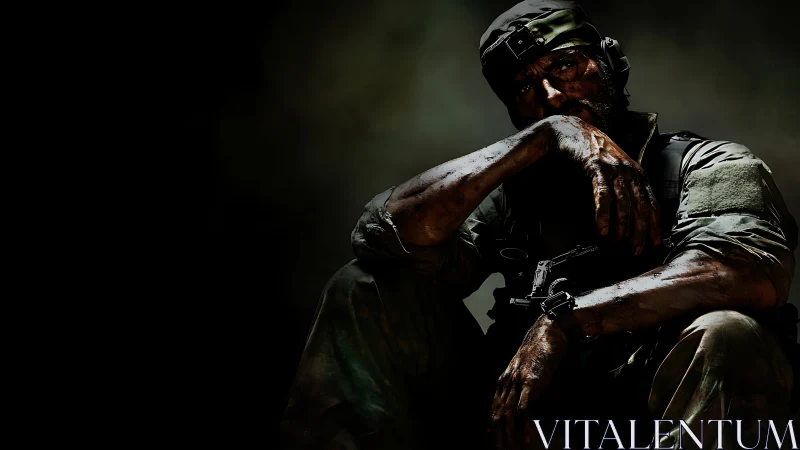 Battle-worn tactical soldier in low-key chiaroscuro lighting