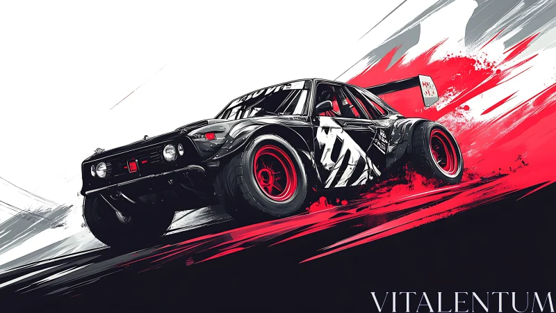 Rally spec retro drift car in dynamic red white vector storm.