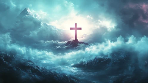 Luminous cross crowns stormy teal mountainscape horizon.