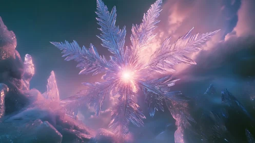 Large crystalline snowflake structure is rendered against sky