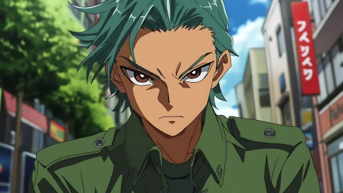 Street-hardened anime rebel stalking the sunlit cityfront.