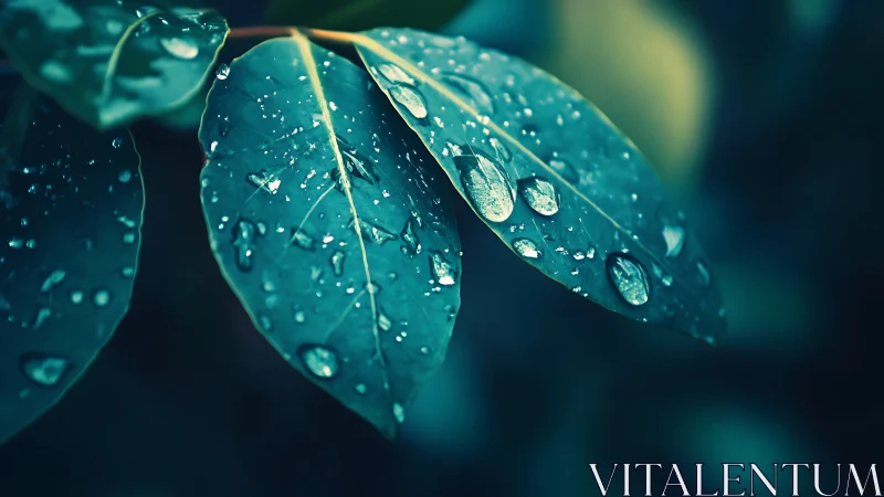 Teal leaves hold crystal raindrops in soft macro focus.