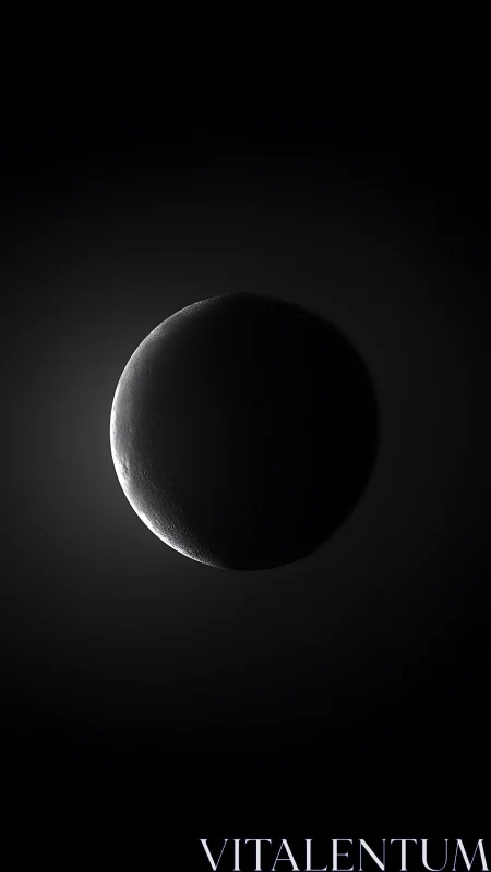 Crescent lunar sphere in high contrast monochrome void.